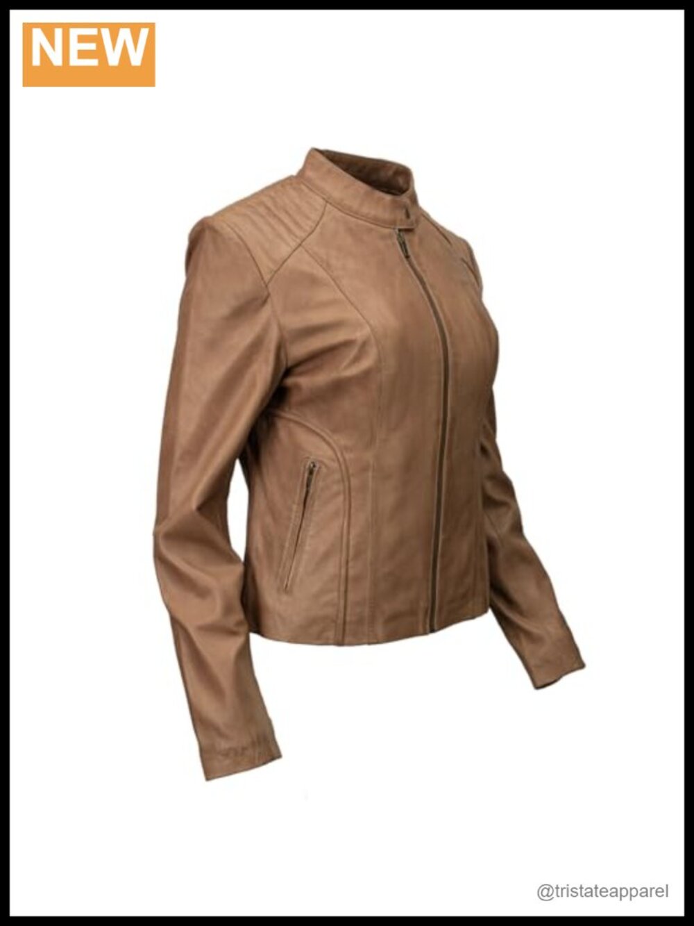 Women's Leather Biker Jacket Mandarin Collar Zip Closure Cowhide Moto